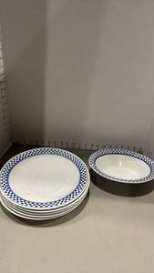lot 1297 image: Adams Brentwood Blue and White Dinnerware Plates and Bowl Set some plates have small chips on edges