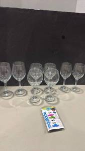 lot 1305 image: 6 oz glass stemware and Joie Moustache Wine Charms Set