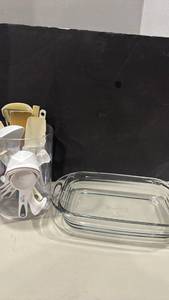 lot 1307 image: Fire King 9x13 Baking Dish with Kitchen Utensil Set