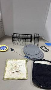 lot 1310 image: Kitchen Organizer Lot Wire Baskets, silicone and cloth pot holders and more