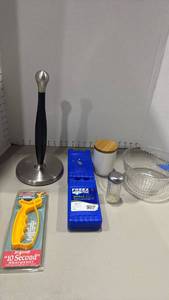 lot 1326 image: Paper Towel Holder, Knife Sharpener, Ice Packs, Containers