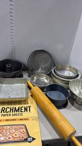 lot 1331 image: Lot Baking Pans Cake Molds Rolling Pin Parchment Paper Sheets