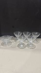 lot 1337 image: Hawkes Crystal wine glasses featuring a distinct square base design, footed mayonnaise dish and spoon there is a crackchip in a couple of cups
