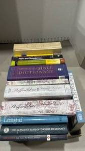 lot 1390 image: Mixed Lot of 15 Books Including Dictionaries, Fiction, and Reference Guides