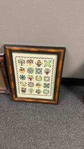 lot 1504 image: Framed embroidered with Floral and Botanical Motifs 17x14