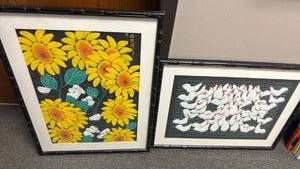lot 1506 image: Framed Art Print Lot Sunflowers and Roosters Black Bamboo Frame 2 Pieces larger one is 26x20
