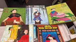 lot 1507 image: 5 Piece Hand-Painted signed Canvas Art Set Depicting Asian Interior Scenes 14x12
