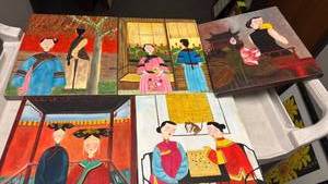 lot 1508 image: 5 Piece Hand-Painted signed Canvas Art Set Depicting Asian Interior Scenes 14x12