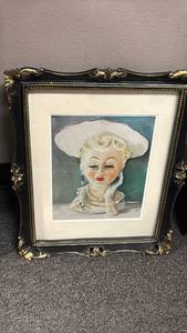 lot 1510 image: Framed Portrait Print Woman White Hat Pearl Necklace Black Gold Frame 16x13