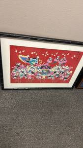 lot 1511 image: Framed Asian Print Red Background Mice Celebration Scene 18x26