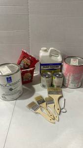 lot 2029 image: Paint in whites, grays and pink, brushes, a little bit of thinner and paint cups