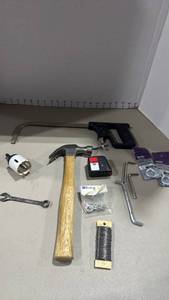 lot 2053 image: Hand Tool Lot Hammer, Tape Measure, hole saw, miter box and more