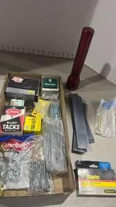 lot 2062 image: Hardware Fasteners Lot Screws, Tacks, Brads, Staples, Hooks, Flashlight