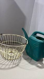lot 2079 image: Wire Basket with Handle and plastic Watering Can