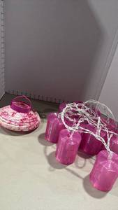 lot 2090 image: Pink Paper Lantern with Handles and LED String Lights Set