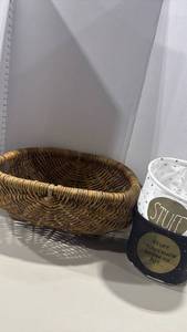 lot 2094 image: Woven Basket with Handles and Fabric Storage Bin 2-Piece Lot and electric hand warmers