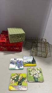 lot 2097 image: Decorative Storage Boxes and Coasters Lot with Wire Holder