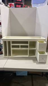 lot 2099 image: Desktop wooden organizer, 13.5x30 in approx, to missing one knob