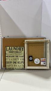 lot 2101 image: Laundry room sign, cork board and message board with hooks and magnets
