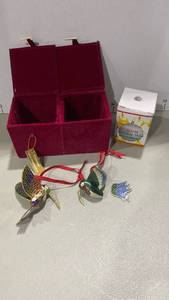 lot 2127 image: Cloisonne set of 2 hummingbird ornaments with storage box and fire alarm ornament