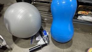 lot 2172 image: Exercise and Fitness Ball Set 2 Stability Balls Gray Blue with Pumps
