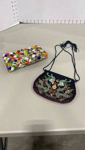 lot 2238 image: Asian inspired silk purse and zipper pouch made with recycled candy wrappers