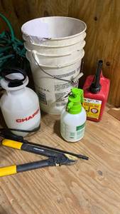 lot 2324 image: Pump sprayers, gas can and bucket
