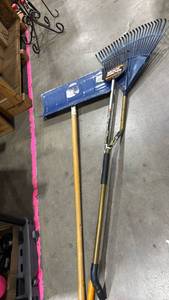 lot 2346 image: Leaf Rakes with Handles and snow shovel