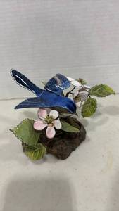 lot 1003 image: Vtg Brumm Enamel on Copper Blue Bird with Flowers