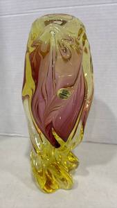 lot 1016 image: Bohemia Hand Made Glass Vase Yellow Pink Swirl 11 Inches Tall
