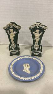 lot 1020 image: Wedgwood Blue Jasper Plate with Kennedy and Two Sage Green Cherub Vases 5.5 inches tall