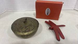 lot 1030 image: Red Iron Dragonfly and Brass Bowl with lid
