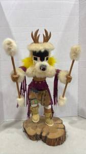 lot 1042 image: Handmade Kachina Doll Figure with Fur and Wooden Base 23 Inch tall