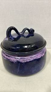 lot 1056 image: Ceramic Lidded Vessel with Handles Dark Blue and Purple Glaze 8 inch
