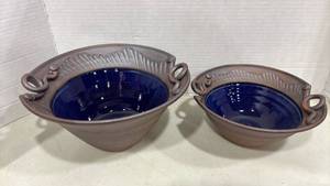 lot 1059 image: Pottery Bowls with Cobalt Blue Glaze Interior and Applied Handles Set of 2
