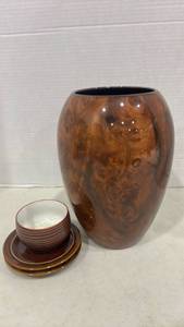 lot 1074 image: Brown Ceramic Vase with Bowl and Saucer Set