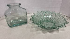 lot 1077 image: Green Blue Heavy Glass Jar and Vtg Federal Green Glass Petal Bowl
