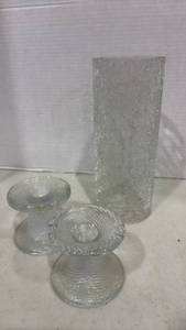 lot 1078 image: Vtg Kosta Boda Roma Glass Candleholders, Rolf Sinnemark Design, Set of 2 with Crackle Glass Cylinder Globe 10 Inch Tall