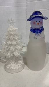 lot 1105 image: Vtg Frosted Glass Snowman with Scarf and Light Up Tree. 12 inch