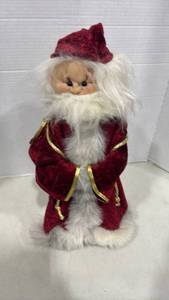 lot 1110 image: Santa Claus Doll Red Velvet Suit White Fur Beard Gold Trim made of Pantyhose and A Log of Wood 18 inch Tall