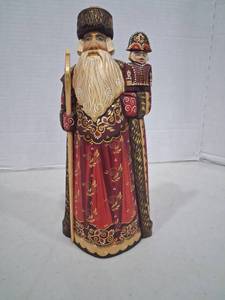 lot 1114 image: Vtg Hand-Carved Russian Wood Figurine with Painted Gold Accents 9 inch Tall