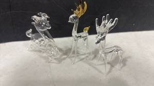 lot 1126 image: Another Set of 3 Hand Blown Reindeer Gold Accent and Red Nose. One has small chip on antler