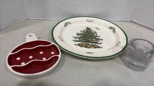 lot 1131 image: Spode Christmas Tree 12.5 inch Platter with Ornament Dish and Frosted Glass Candle Holder