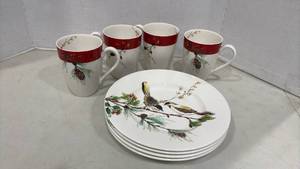 lot 1132 image: Set of Four Lenox Winter Song 9.5 inch Plates and Four 14 oz Mugs