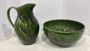 lot 1133 image: Lenox Rustic Pine Green 12 inch Bowl and 11 inch Pitcher