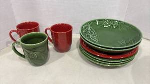 lot 1134 image: Lenox Rustic Pine and Berry Mugs with 9 inch Bowls and Plates 9 Pieces