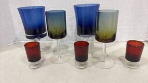 lot 1144 image: Two Rare MCM Denby Bluerina Krosno Poland Glassware, Two Vtg  Denby Mirage Blue Glasses with Three Vtg Luminarc Cavalier Ruby Red 4 inch Glasses. Small chip on last pic of Blue.