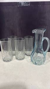lot 1152 image: Four Libby Carrat Tumblers with Light Blue Blown Pitcher