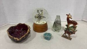 lot 1155 image: Snow Globe, Miniature Vase, Deer Figurines and Pottery Bowls