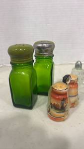 lot 1156 image: Vtg Green Glass Salt and Pepper Shakers with Variety of Others and Two Fostoria Lead Crystal Dishes